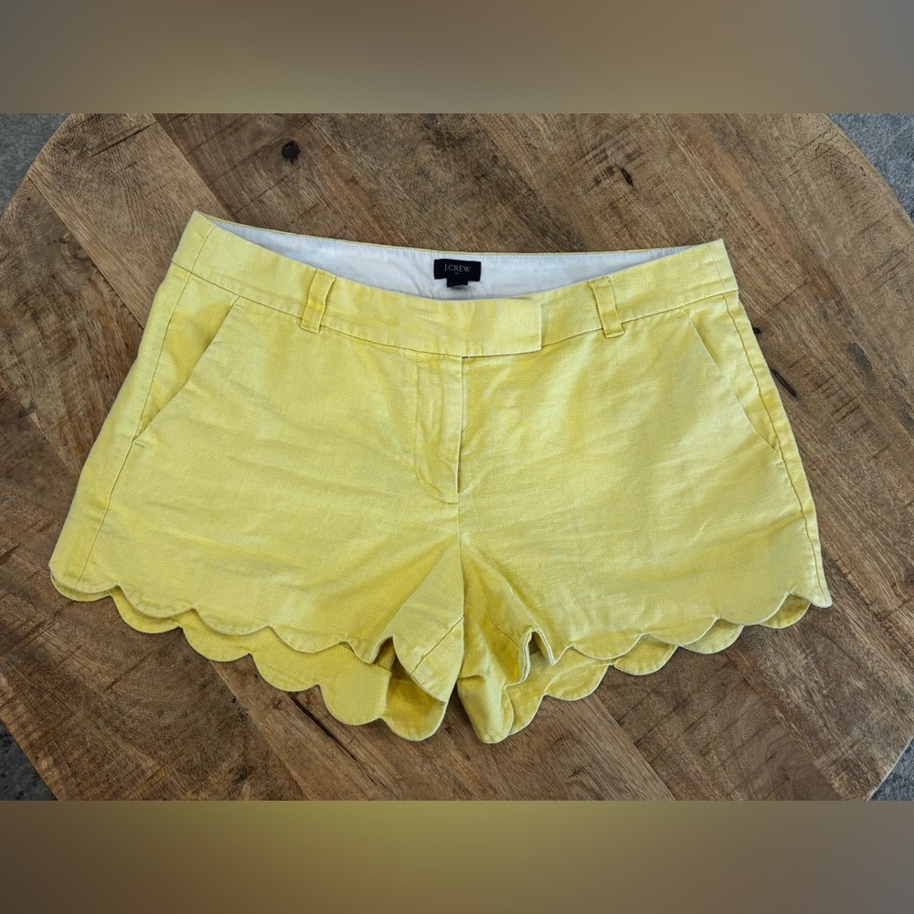 J. Crew Yellow Scallop Hem High-Waist Linen-Blend Shorts